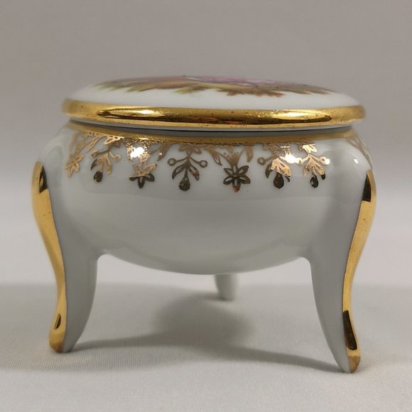 Vintage Limoges Courting Scene Lidded and Three-footed Trinket Dish w Gold Trim - Picture 2 of 5